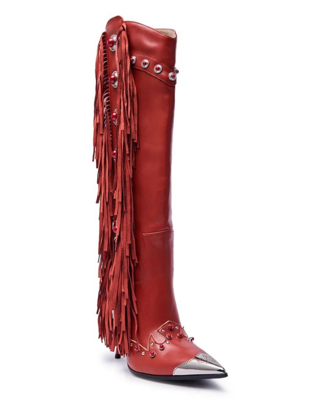 AZALEA WANG Pelagiana Boots Red Fringe Rhinestone Western Stiletto Heels NEW - Picture 2 of 8
